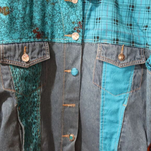 Carole Little Blue Denim Funky Patchwork Jacket & Silk Shirt Set 80s 8 - Picture 10 of 16